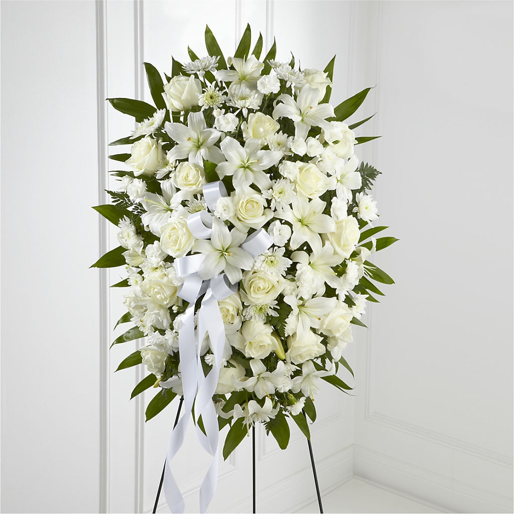 Exquisite Tribute Standing Spray-White Ribbon – Flowers By Steve, Inc., Haverhill MA
