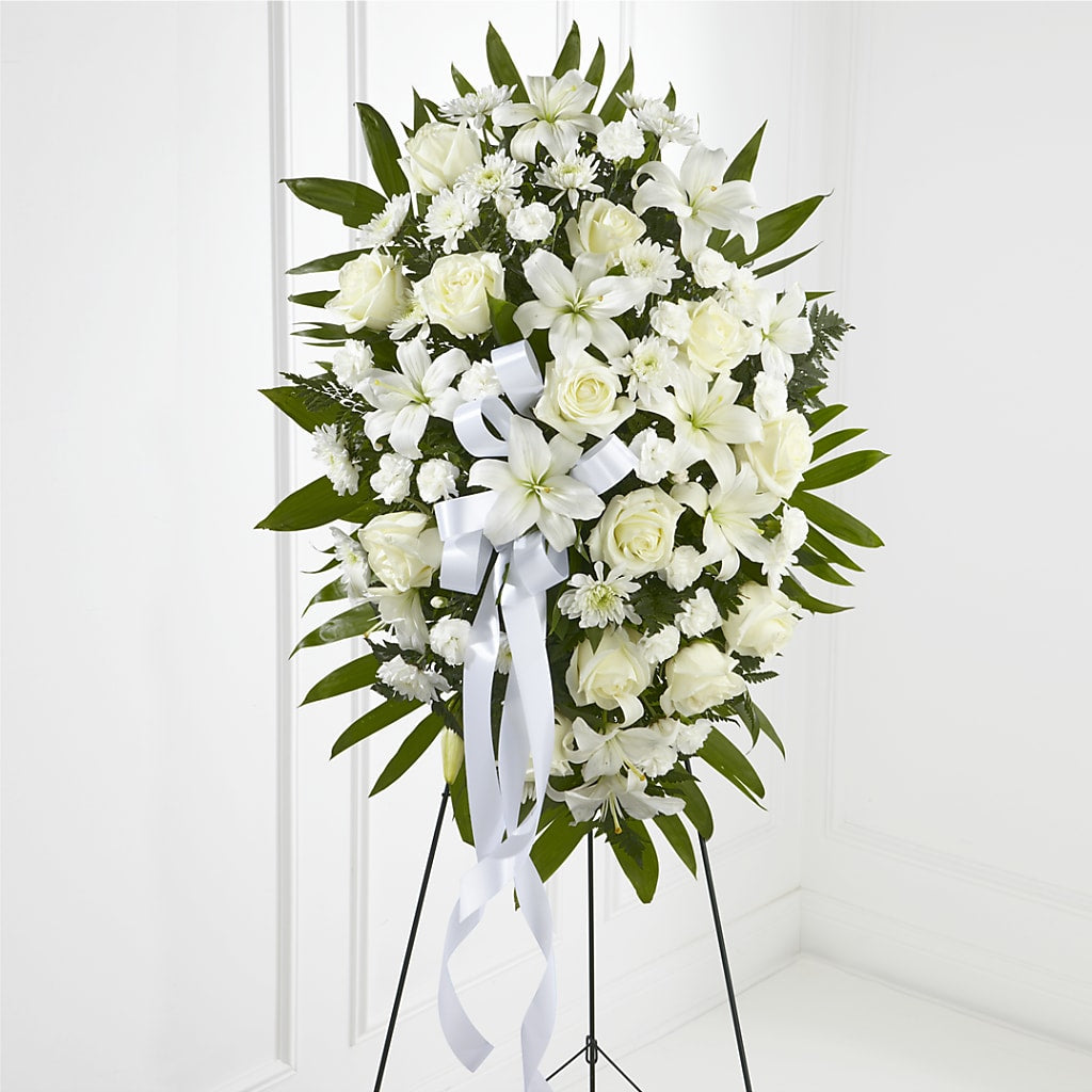 Exquisite Tribute Standing Spray-White Ribbon – Flowers By Steve, Inc., Haverhill MA