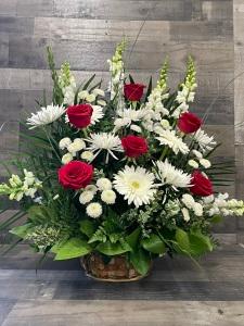 Red and White Funeral Basket –  Flowers By Steve, Inc., Haverhill MA