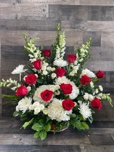 Red and white deluxe funeral basket –  Flowers By Steve, Inc., Haverhill MA