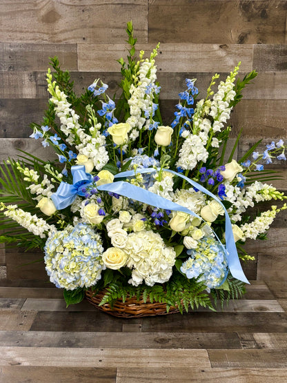 Blue and white premium funeral basket –  Flowers By Steve, Inc., Haverhill MA