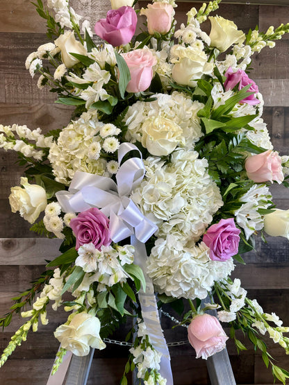 Lavender and pink funeral spray –  Flowers By Steve, Inc., Haverhill MA