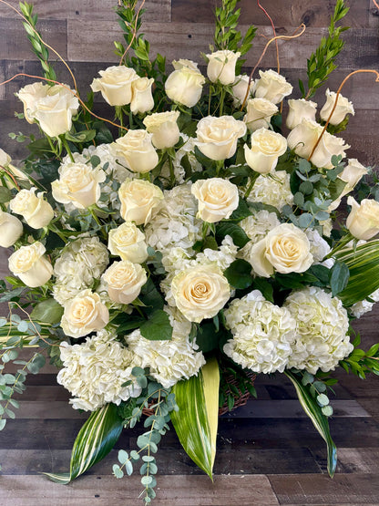Hydrangea and Roses Funeral basket –  Flowers By Steve, Inc., Haverhill MA