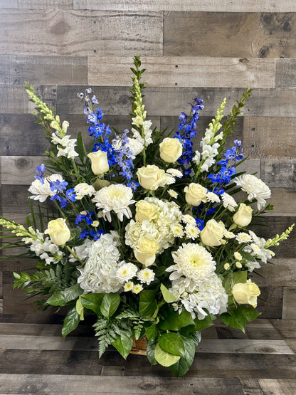 BLUE AND WHITE FUNERAL TRIBUTE –  Flowers By Steve, Inc., Haverhill MA