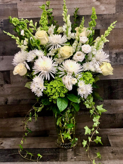 GREEN AND WHITE VASE TRIBUTE –  Flowers By Steve, Inc., Haverhill MA