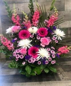 SYMPATHY IN PINKS AND PURPLES FUNERAL BASKET –  Flowers By Steve, Inc., Haverhill MA