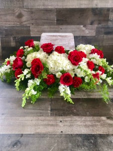 Red and White Low Cremation Wreath